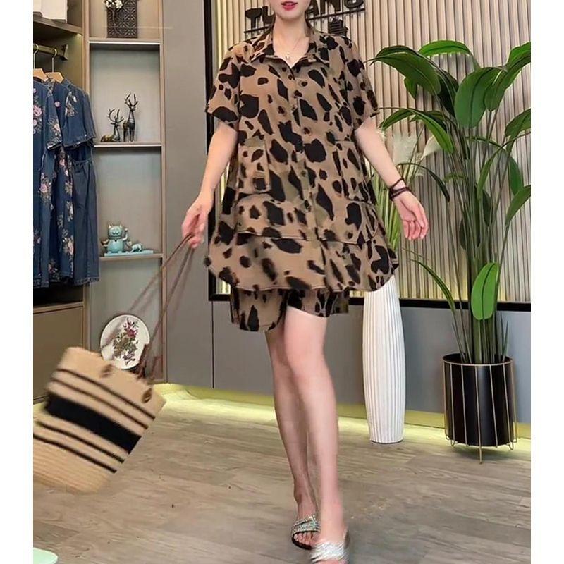 Women Summer Loose Fit Leopard Print Short Sleeve Top and Shorts Set Plus Size Outfit Comfortable Two Piece