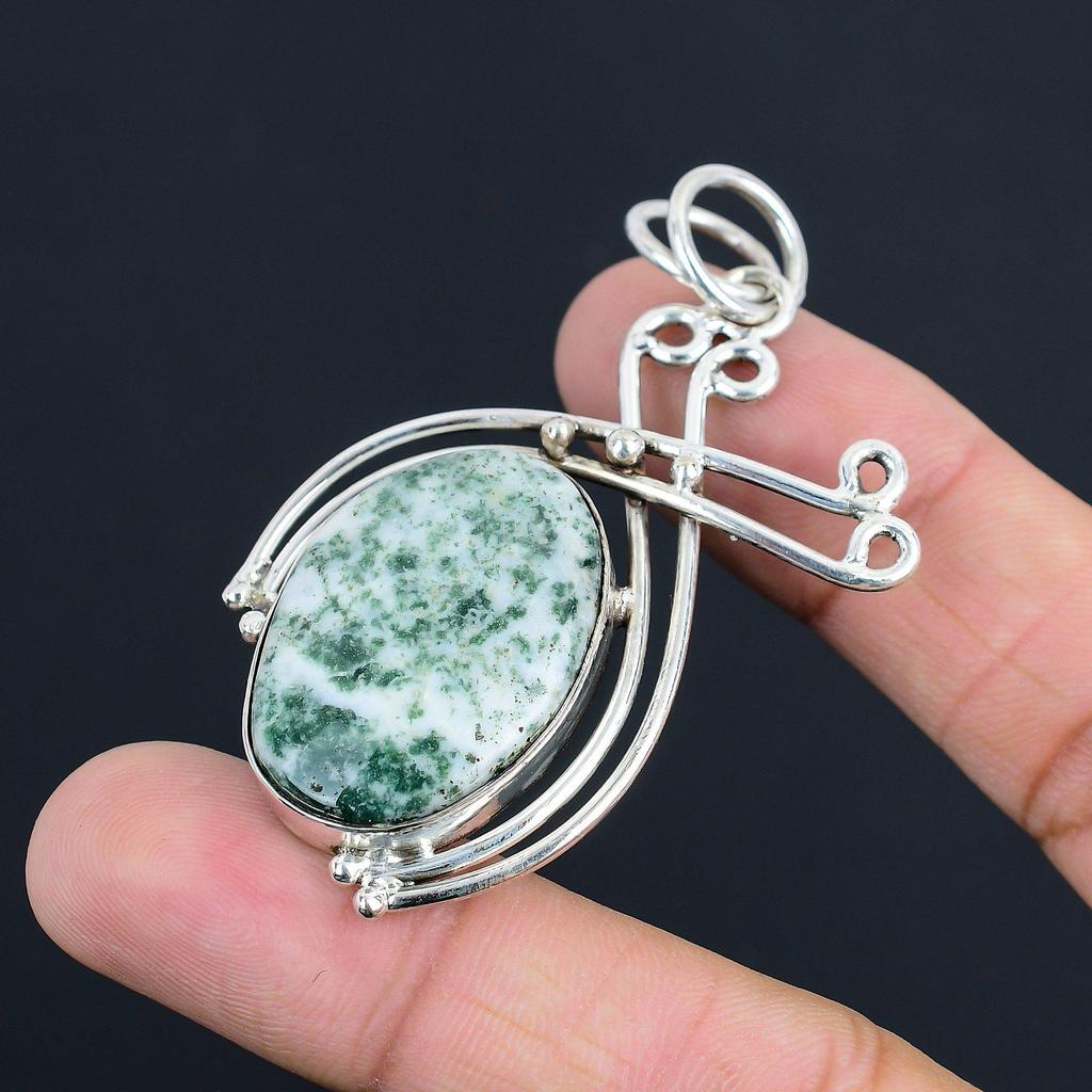 Birthday Gift For Her Natural Tree Agate Gemstone Pendant 925 Sterling Silver