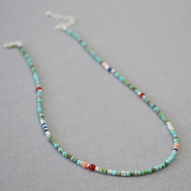 French niche design literary and retro Bohemian turquoise handmade beaded temperament extremely fine necklace collarbone chain