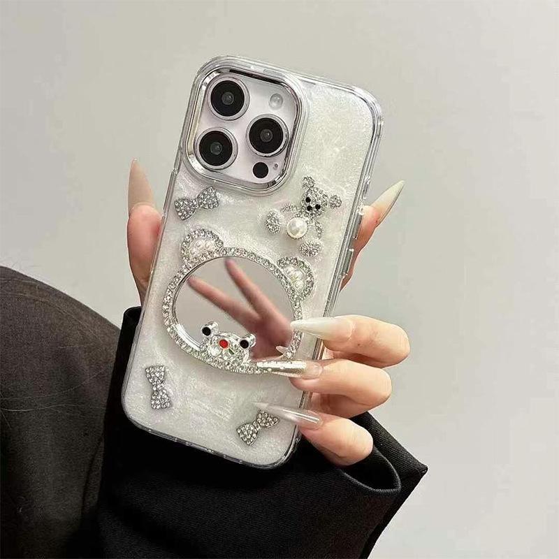 Pearl Bow Bear Mirror Mobile Phone Case For Iphone17Pro Epoxy Apple 15 Glitter 14 Women'S Models