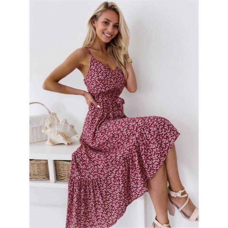 

Сексуальное платье с бретелью через шею с маленьким цветком и длинной талией для женщин XXXL красный