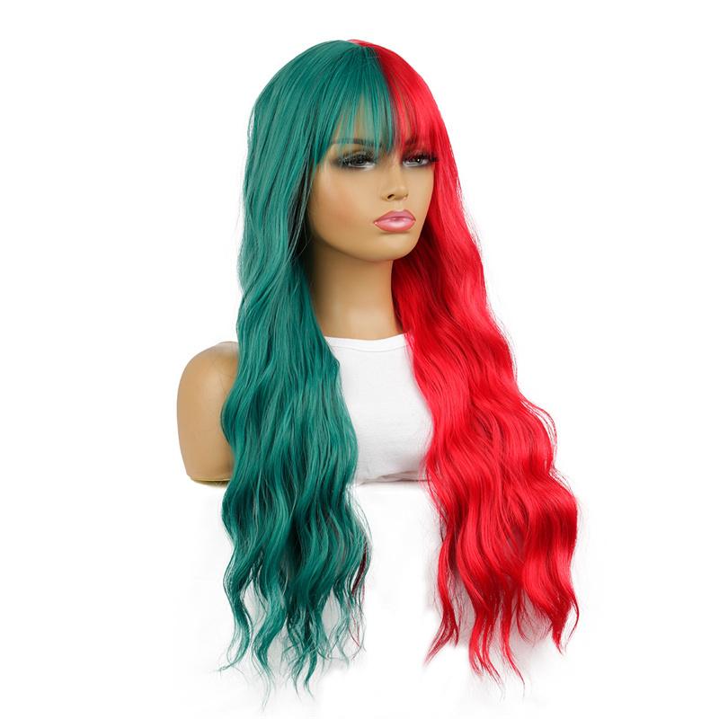 Synthetische Lange Wellige Halb Rot Halb Blaugrüne Perücken mit Pony für Frauen Natürliche Lockige Perücke für Weihnachten Cosplay Party
