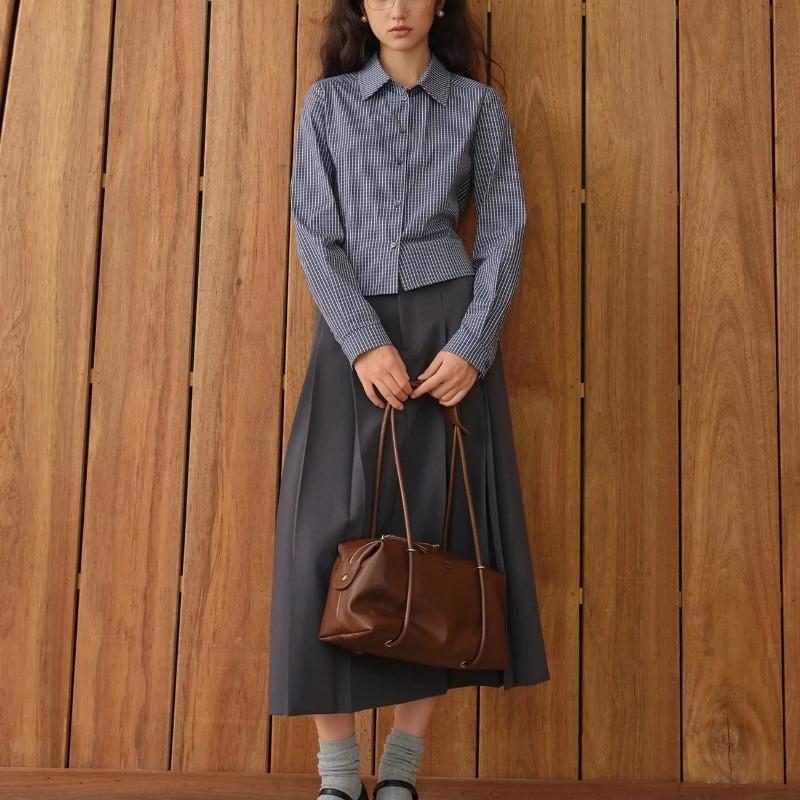Women Gingham Plaid Shirt Back Tie Waist Puff Sleeve Blouse