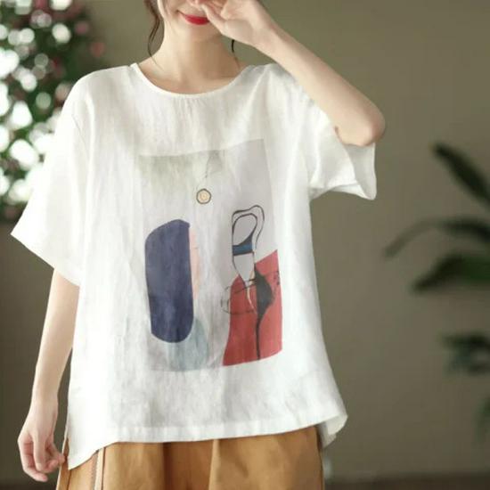 Women's Retro Print Cotton Linen Top - Short Sleeve, Loose Fit Pullover