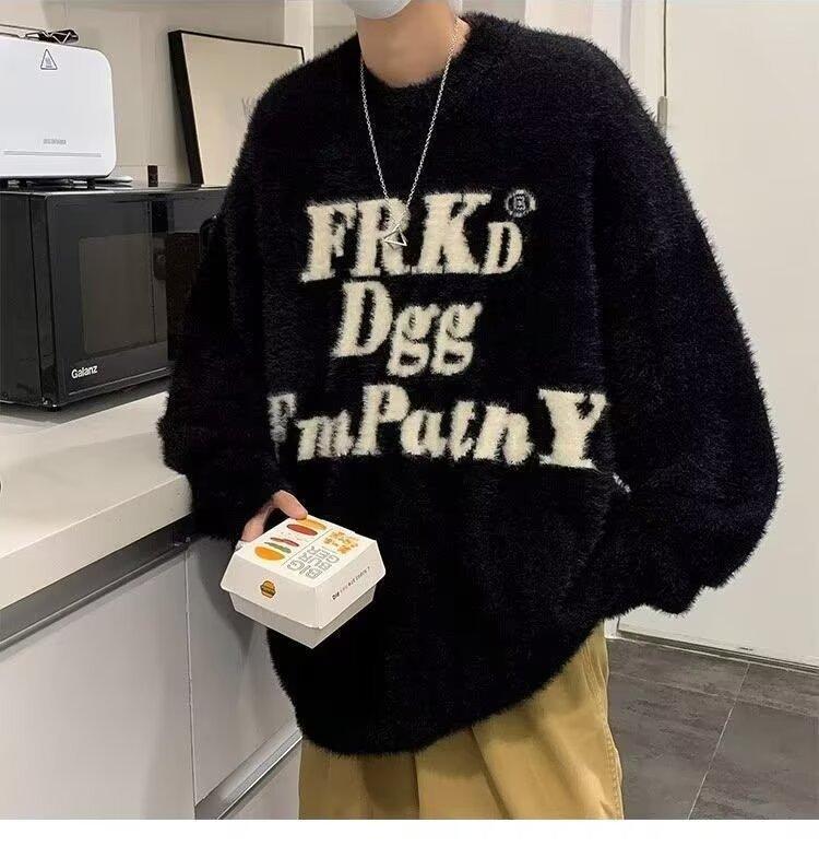 Guochao American letter-printed mink fleece sweater men s autumn and winter thickened high street couple soft waxy knitted sweater top M