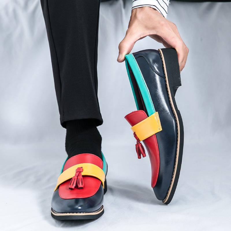 Color Matching Fashion Bean Happy Shoes Men British Small Leather Shoes Tassels Pointed Hair Stylist a Push Off 48 Big Size