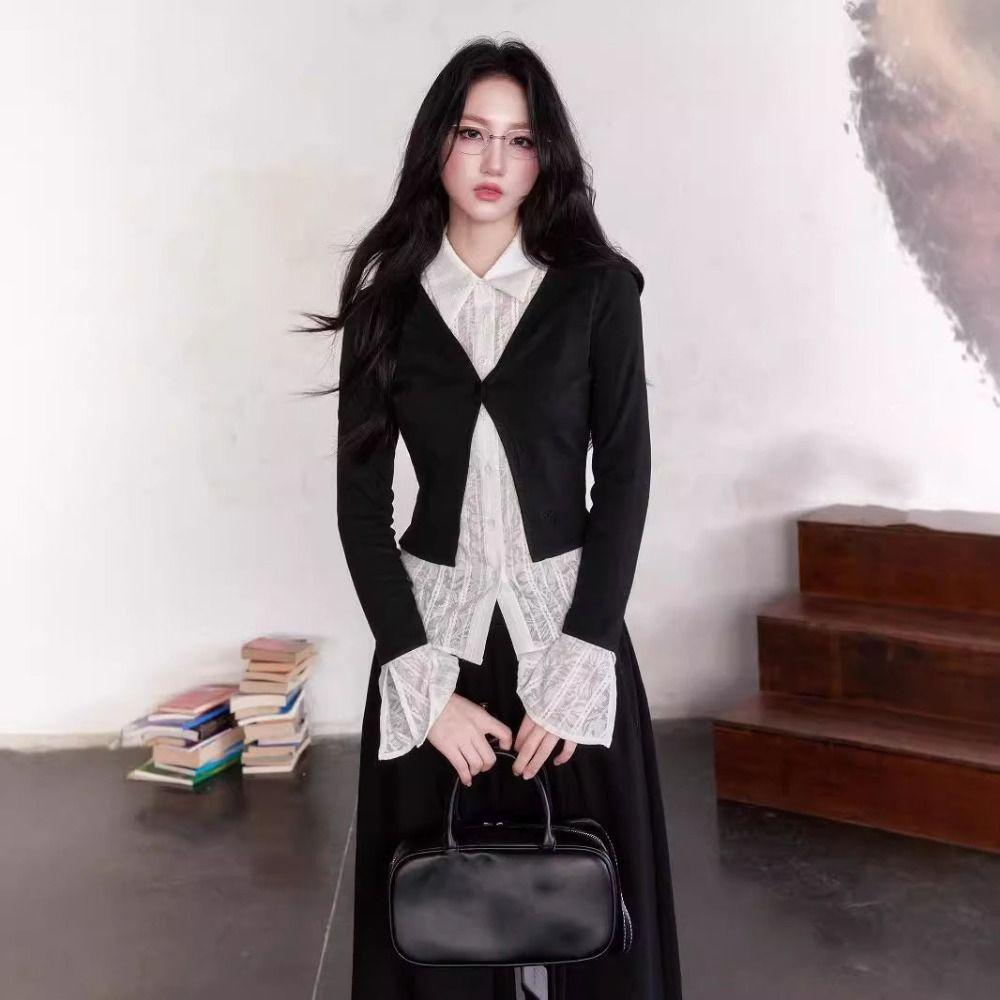 Slim Fit False Two-piece Top Flip Collar Lace Long Sleeved Knitwear  Spring Autumn