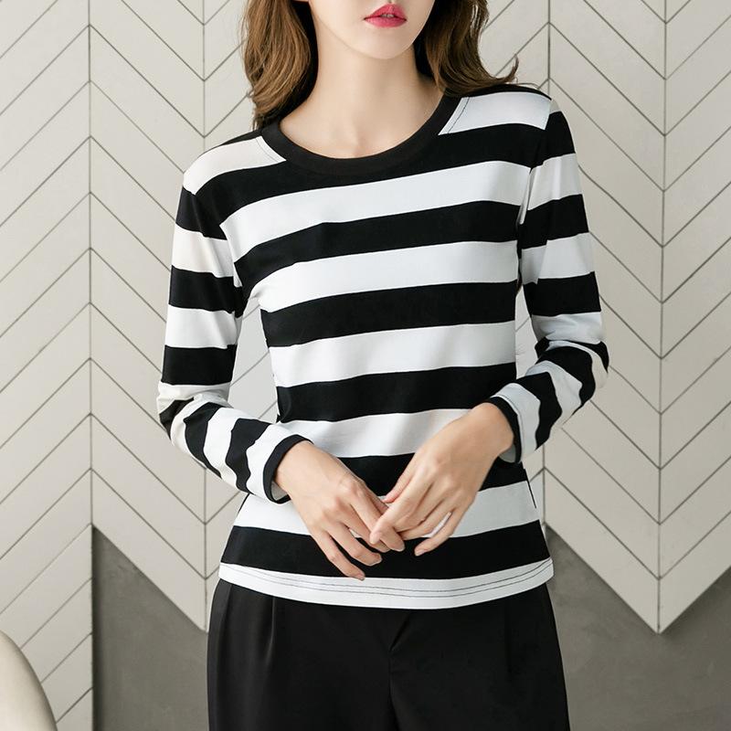 Frühling Herbst Langarm Oberteil Damen Tragbares Streifen T-Shirt Bequeme Basisschicht Vielseitige Damenbekleidung