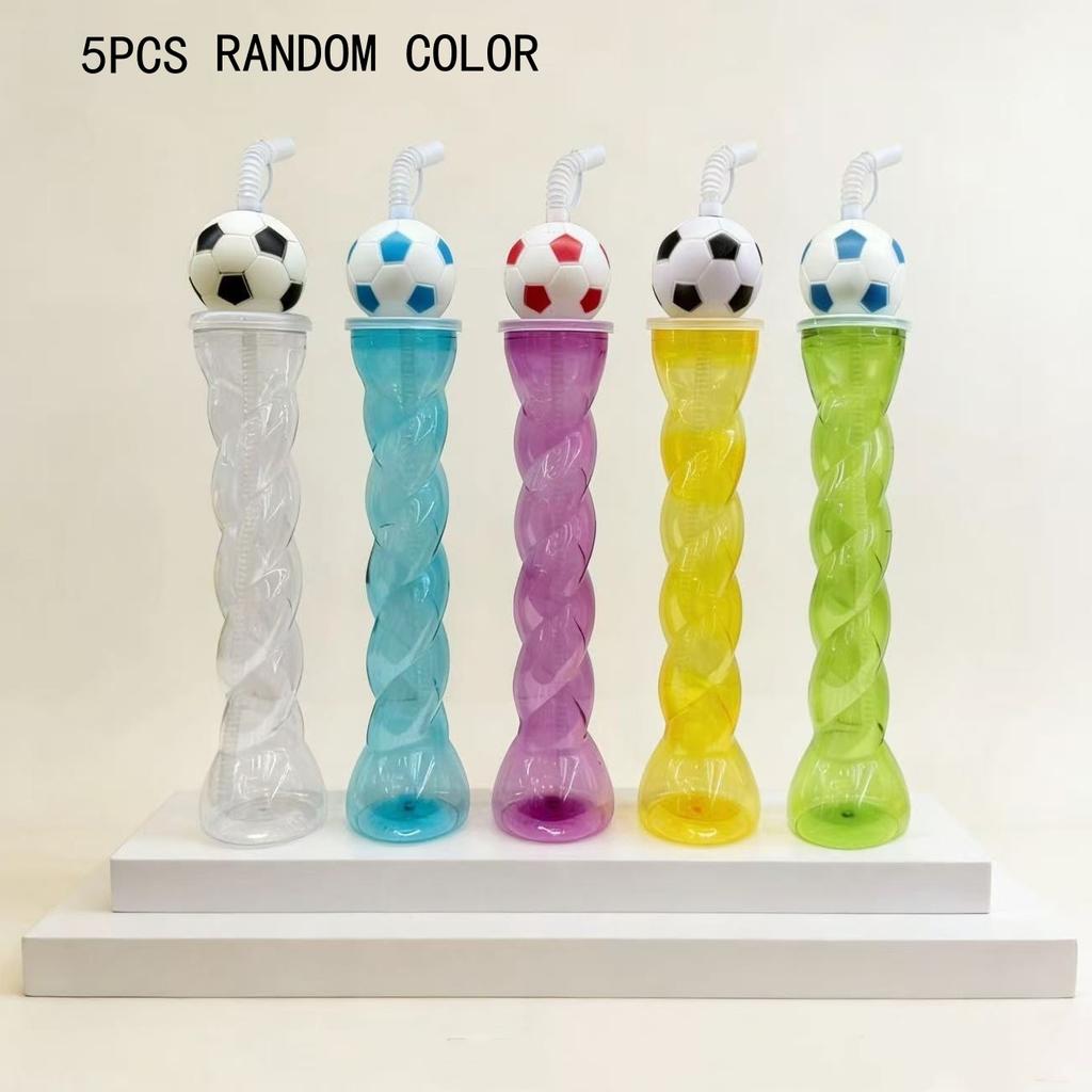 5Pcs Random Color Soccer Ball Water Bottle with Straw Plastic Football Drinking Cup for Kids Sports Party Favors