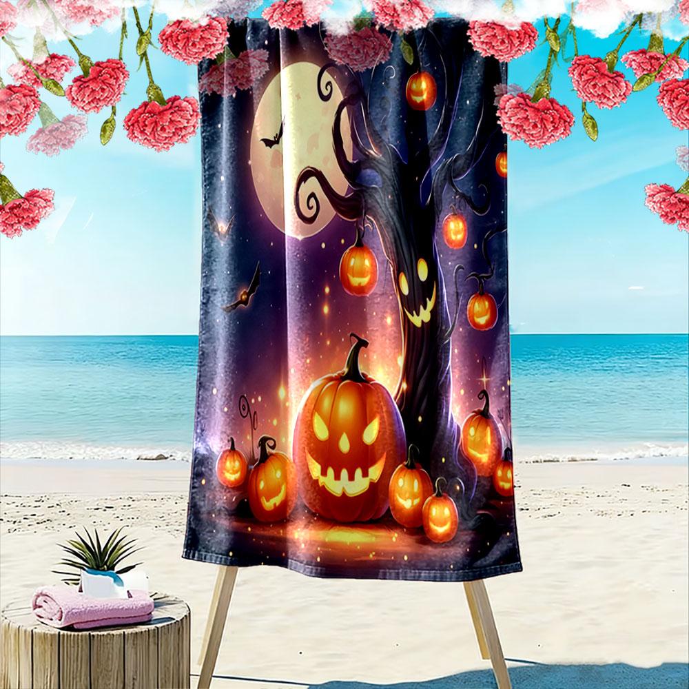 Glowing pumpkins' eerie enchantment Print beach towel, quick drying, suitable for travel, outdoor sports, jogging, the beach and swimming, gift