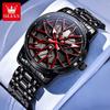 OLEVS Relógio de Pulso Masculino de Quartzo com Mostrador Rotativo 360° Fashion Roda Cubo de Roda Aro Carro Esportivo Aço Inoxidável à Prova d'Água
