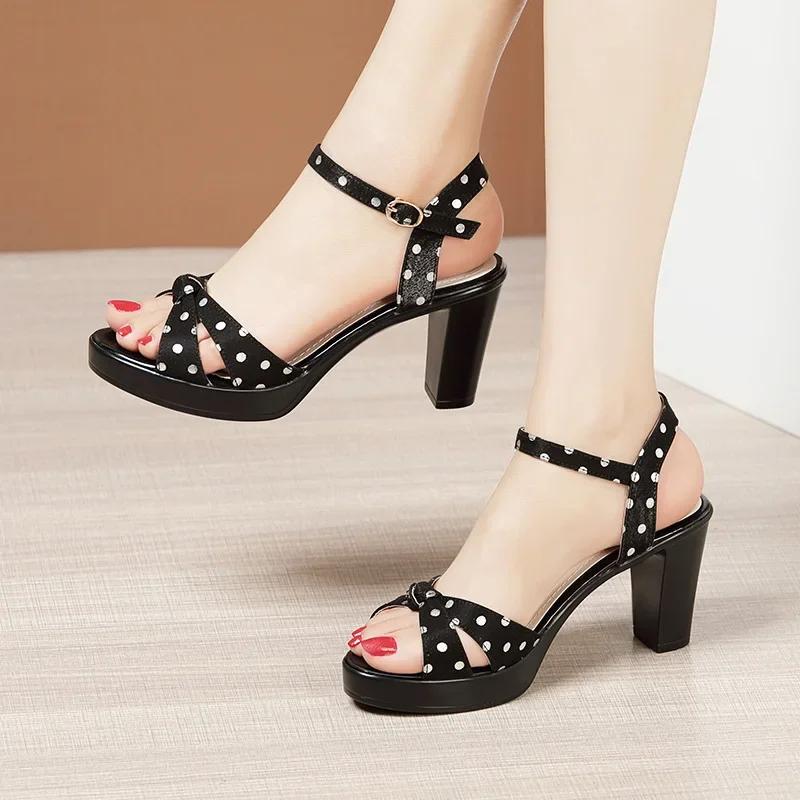 8cm 10cm Small Size 32-43 Elegant Polka Dot Shoes Summer Platform Sandals 2025 Womens Block High Heels Sandals for Office Model
