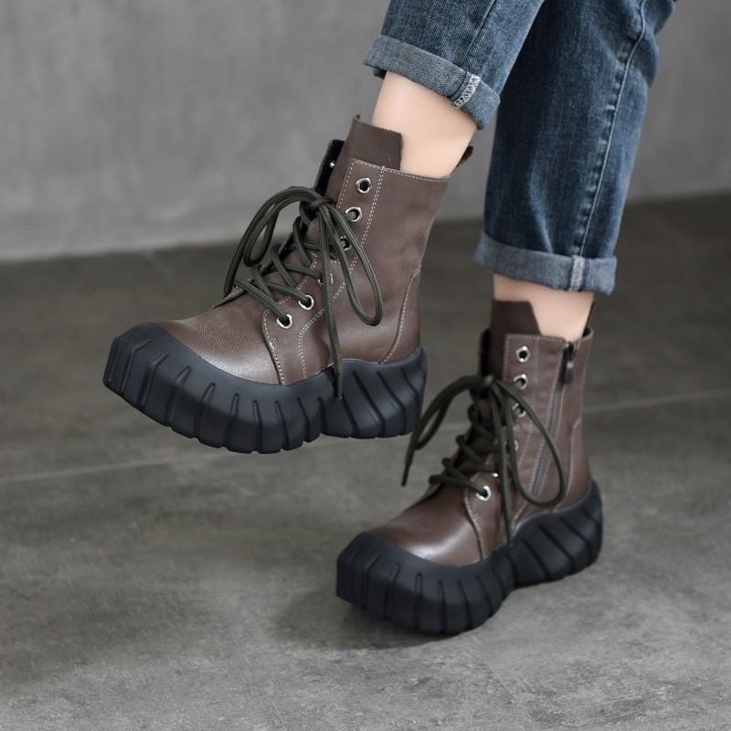 Johnature Genuine Leather Thick Soled Boots Retro Round Toe Lace Up Women's Platform Boots