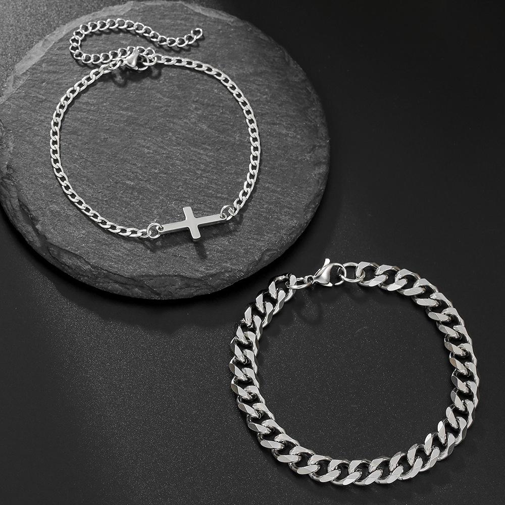 Fashion Cold Wind Stainless Steel Cuban NK Chain Double Layer Stacked Cross Bracelet Men's Hip Hop Street Bracelet Set