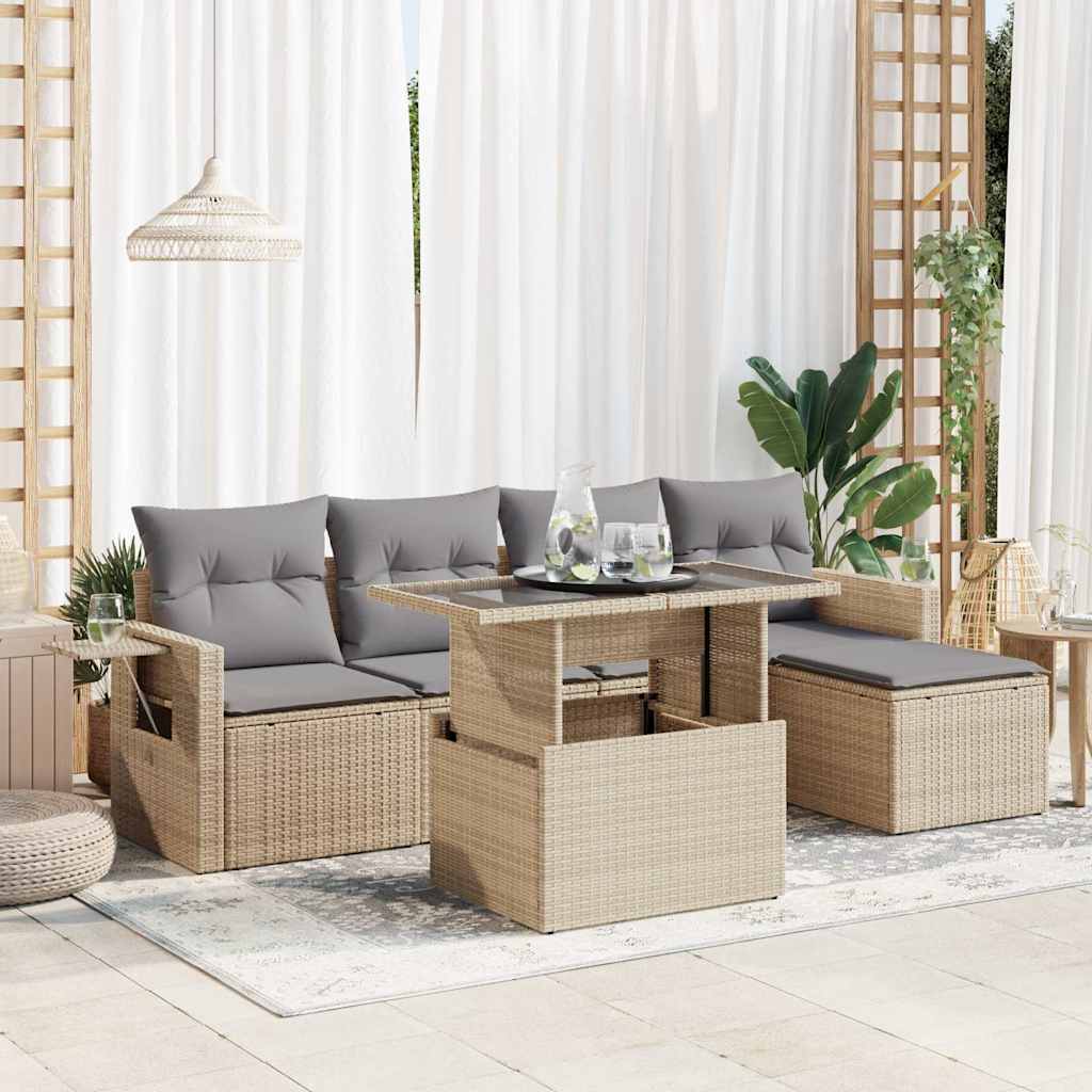 Vidaxl 6-Cz. Garden Furniture Set With Cushions, Beige, Poly Rattan