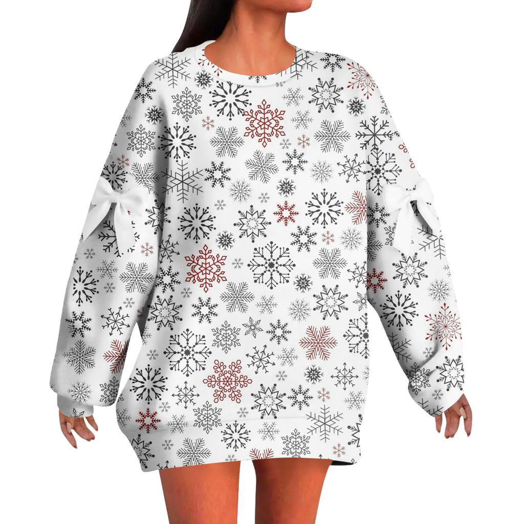 Ladies' Christmas Printed Bow Round Neck Long Sleeved Loose Pullover Sweater Sweatshirt Top