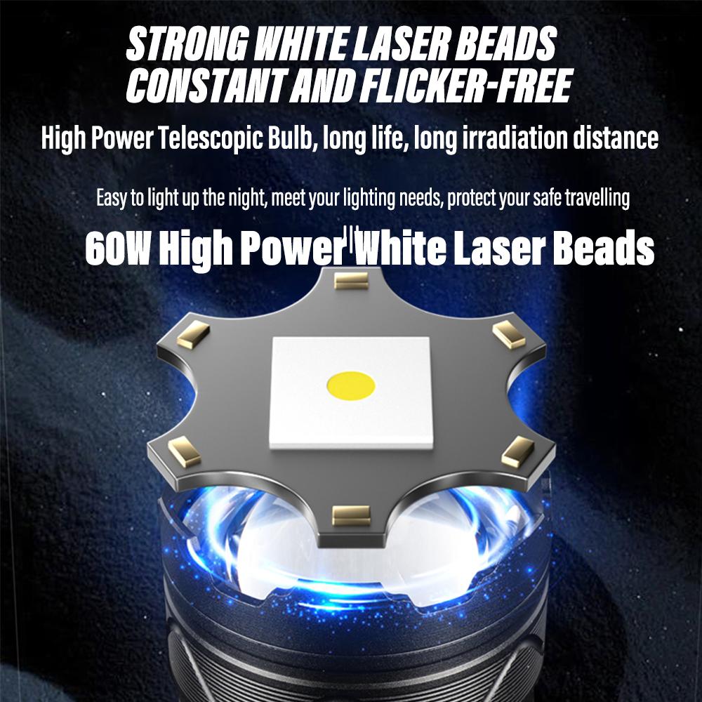 Super Bright Aluminum Alloy LED Flashlight With 60W High Power White Laser Beads With 5400 MAh High Capacity Lithium Battery