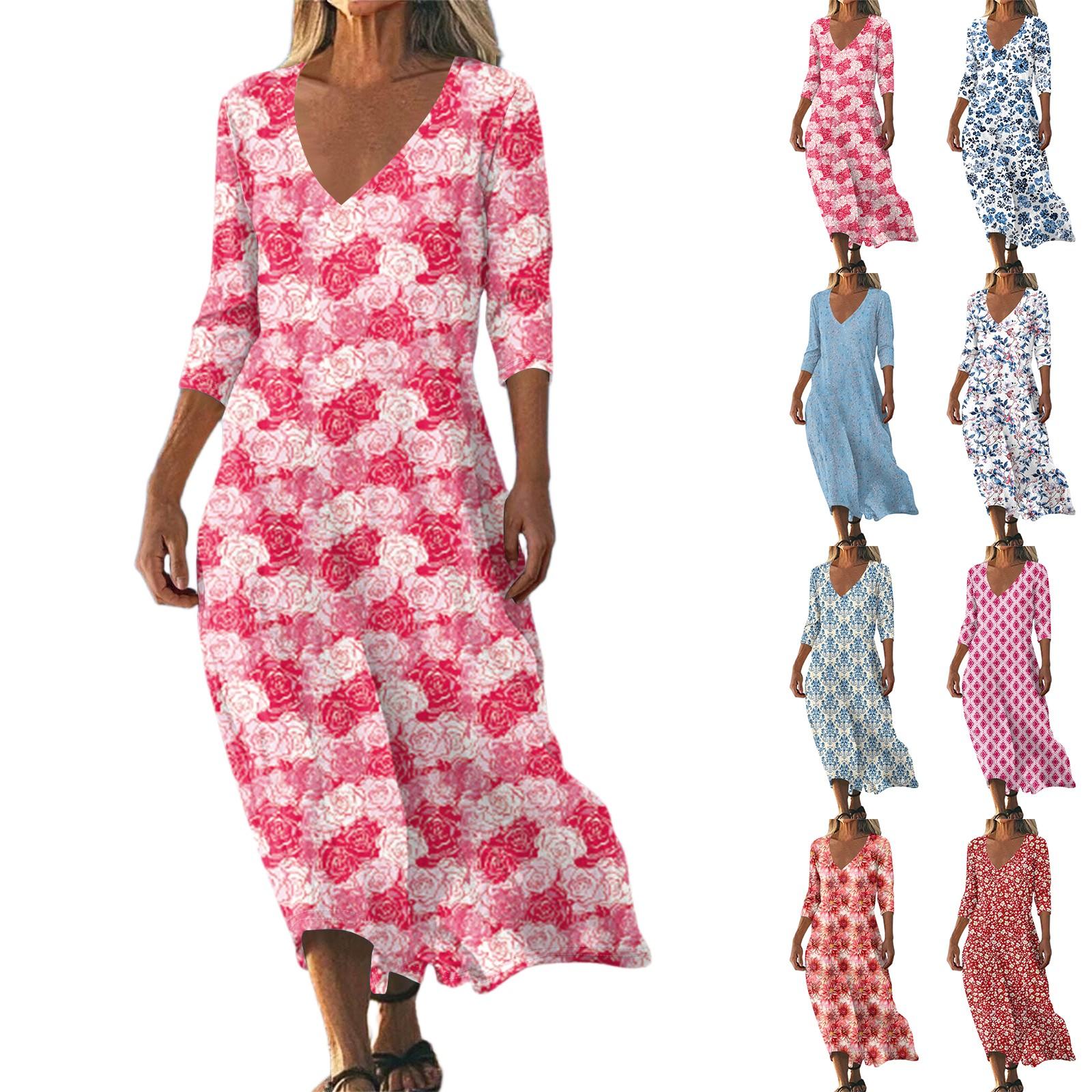 

Dresses For Womens Vintage Print Tunic Waisted Midi Dress Summer Casual 3/4 Sleeve Dress L