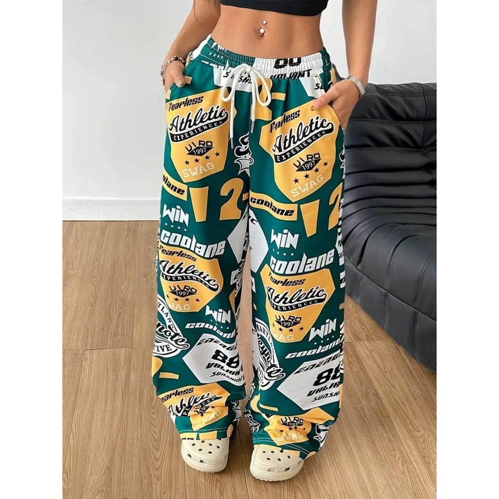 Pantaloni Larghi da Donna a Vita Media con Coulisse, Stampa Graffiti Hip Hop, Pantaloni Casual Larghi con Tasche Laterali