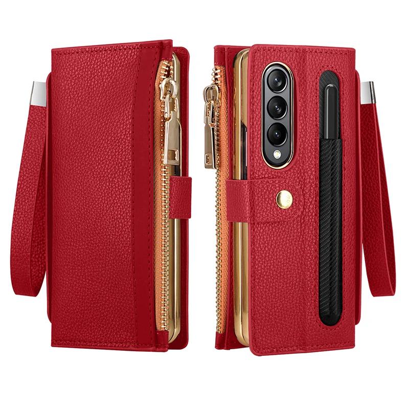 Leather Wallet Case for Samsung Galaxy Z Fold 4 3 2 5 6 ZFold4 ZFold3 Z Fold2 ZFold5 with Pen Holder Card Slot Zipper Flip Cover