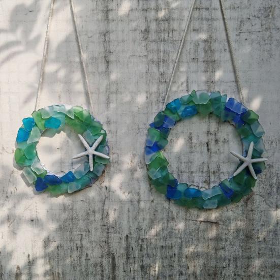 Sea Glass Wreath Handmade Coastal Style Christmas Ornament for Front Door Window Kitchen Cabinet Chair Wall Home Decor