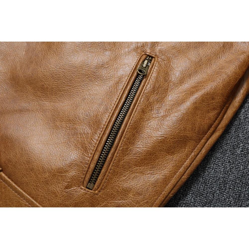 Chinese Size Men Leather Jackets Oil Waxed Yellow Brown Genuine Cow Leather Jacket for Men Cowhide Motorcycle Biker Jackets