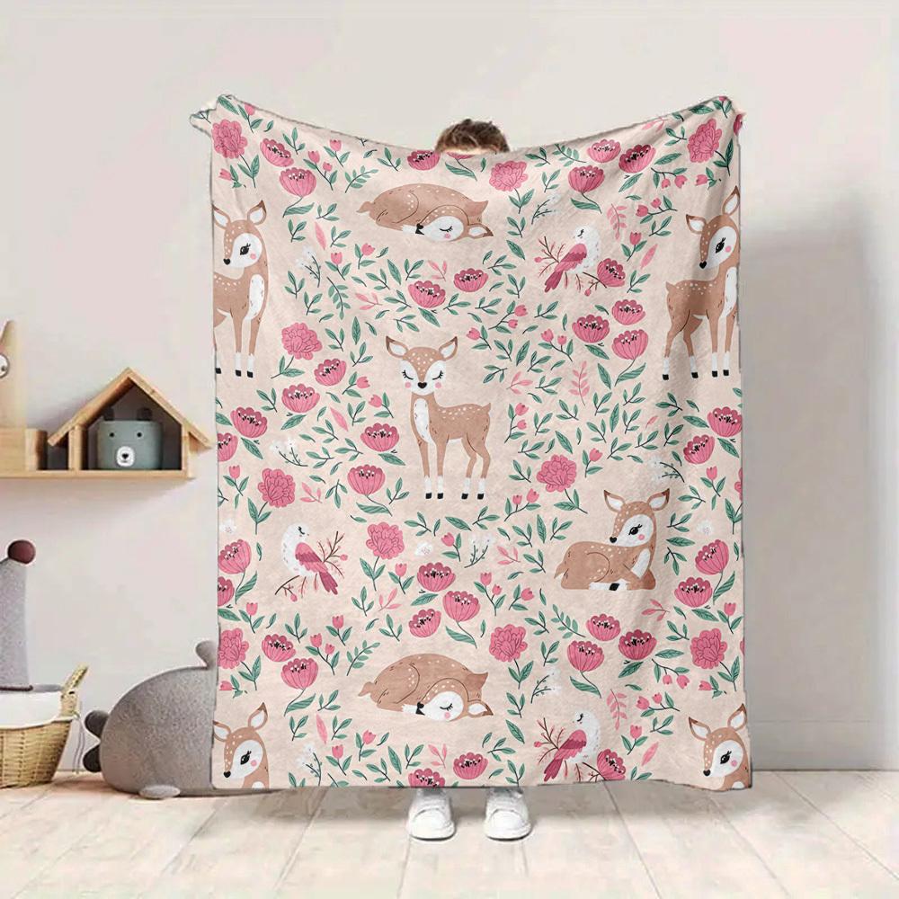 1pc Deer Floral Lightweight Flannel Blanket, Comfortable and Warm Blanket, for Office and Camping Sofa Bed, Livingroom158