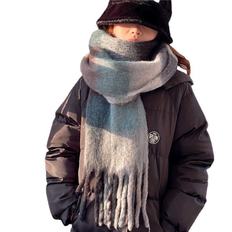 Women's Plaid Rainbow Scarf - Imitation Cashmere Tassel Shawl, Thick Warm Windproof Neck Warmer