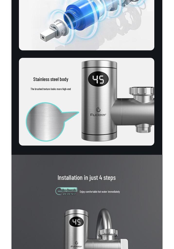 Stainless Steel Electric Instant Hot Water Faucet, No Installation Needed, for Hot and Cold Water Use In Kitchen