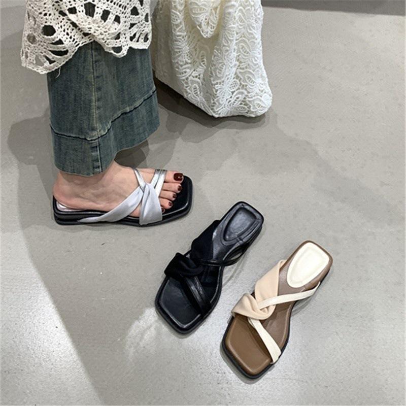 Silver with skirt thick heel cool slippers women's niche one-word with open-toed thick-soled half-slippers