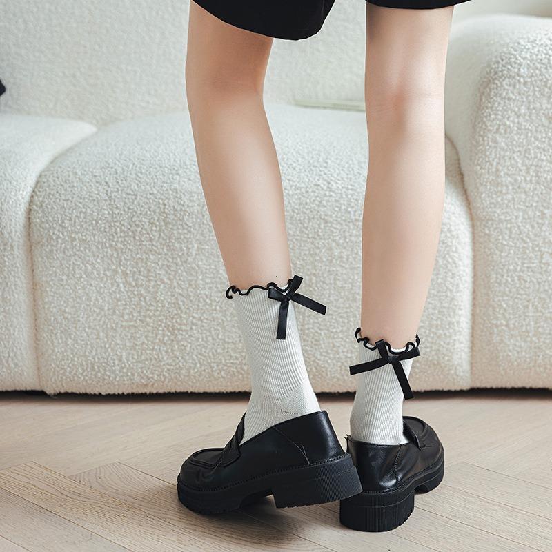 Japanese JK Sweet Bowknot Tied Middle Tube Socks Women Heel Bow Casual Black White Pile Socks Girls Sports Cotton Socks