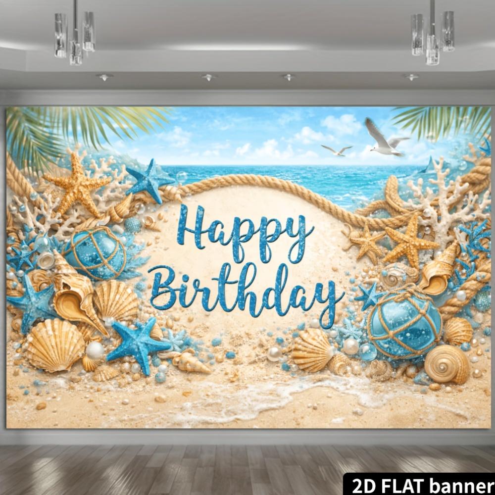 2D planar beach birthday celebration background fabric - Tropical ocean theme, featuring shells, starfish and palm elements