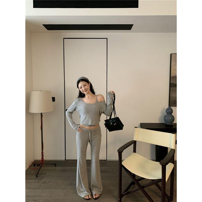 

Kumikumi Elegant off-Neck Long sleeves Shirt Women Inner wear Cami Autumn Drape Casual Pants Three-Piece Set Gray three-piece set M