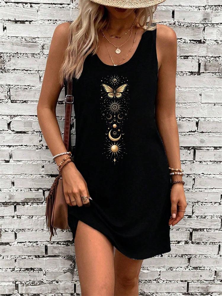 Damen Sommerkleid mit Rundhalsausschnitt und Schmetterlings-Sonne-Mond-Print — Lässiges Modisches und Trendiges Street Style Kleid