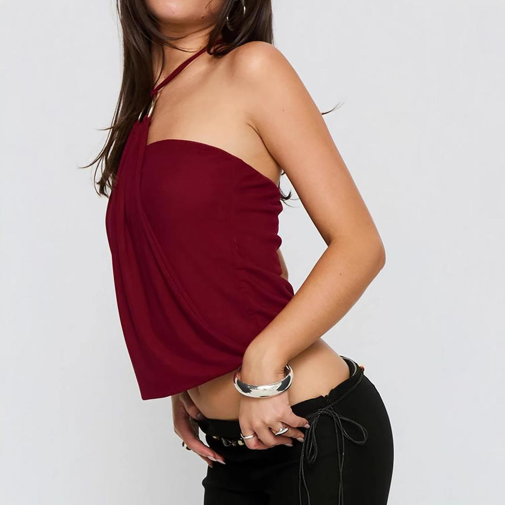 Summer tube top neck sling vest pleated short sleeveless European and American mesh women's top