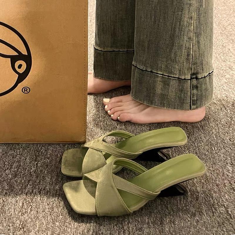 Fashion French Style Women High-heel Sandals Designer Slippers Fashion Square Toe Slope Heel Slippers Summer Open Toe High Heel Slippers