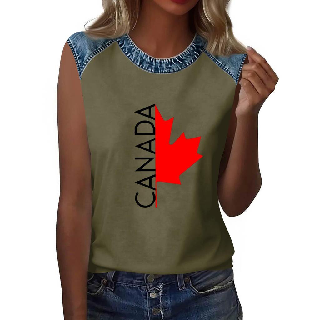 Sleeveless Pullover Casual T Shirt for Women Round Neck Loose Fit Printed Top with Raglan Sleeves and Contrast Trim