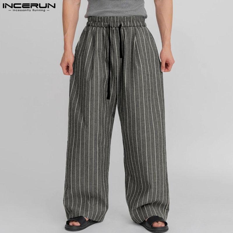 INCERUN Men Drawstring Casual Loose Elastic Waist Striped Wide Legs Pants Long Trousers