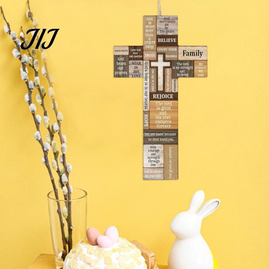Rustic Wall Decor Easter Wooden Cross Ornament, Hanging Pendant with Hemp Rope for Decor, Religious Home Decoration, Solid Wood Scripture Sign
