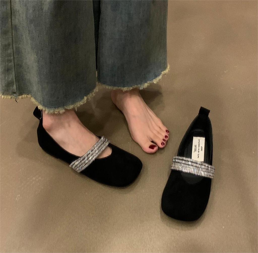 French gentle and versatile flat Mary Jane shoes 2025 new spring and autumn rhinestones with ballet style square head shallow mouth single shoes