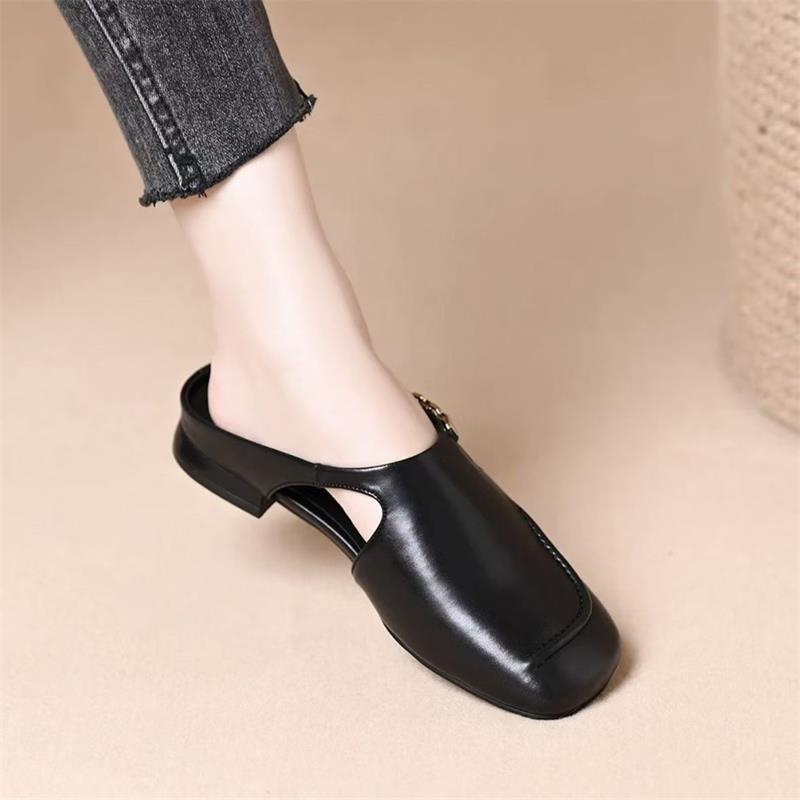 Soft leather bag head half slippers women's summer fashion outer wear 2025 new retro versatile casual flat lazy muller shoes