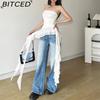 BITCED Spring Women's Solid-Colour Slim-Fit Streetwear Off-the-Shoulder Sleeveless Pleated Top