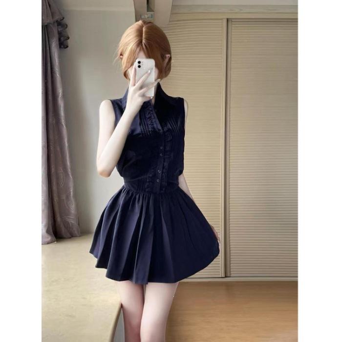2026 Shirt Shows Temperament White Navy Blue Sleeveless Dress Waist Lace-up Spice Girl Summer Skirt