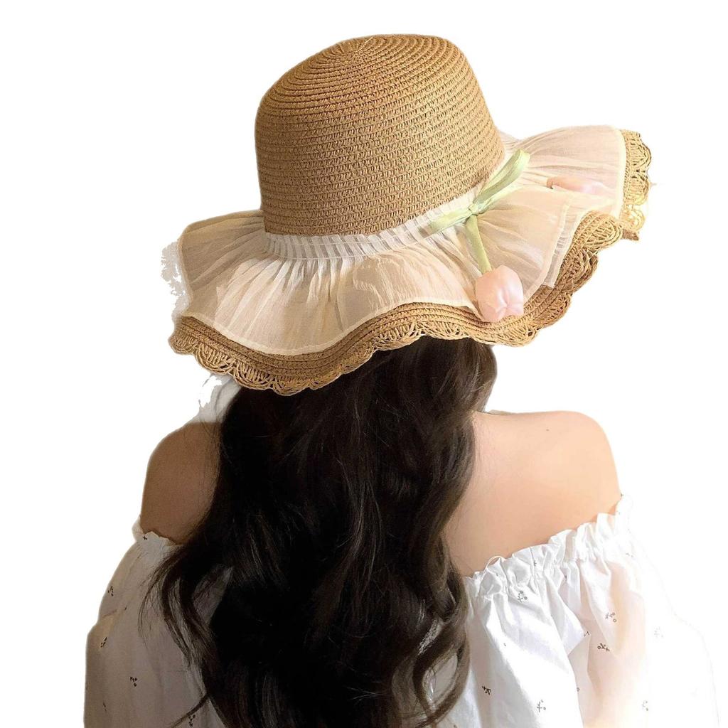 New wavy straw hat summer visor hat flower seaside beach vacation new sun protection brim sun hat