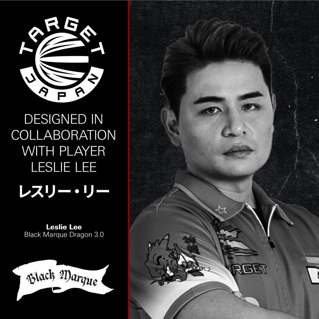 Target Japan BLACK MARQUE DRAGON 3.0 Leslie Lee 90% Tungsten Steel Tip Darts Set, 25g, K-Flex No. 6 Shape Flights and Shafts, SWISS SILVER N