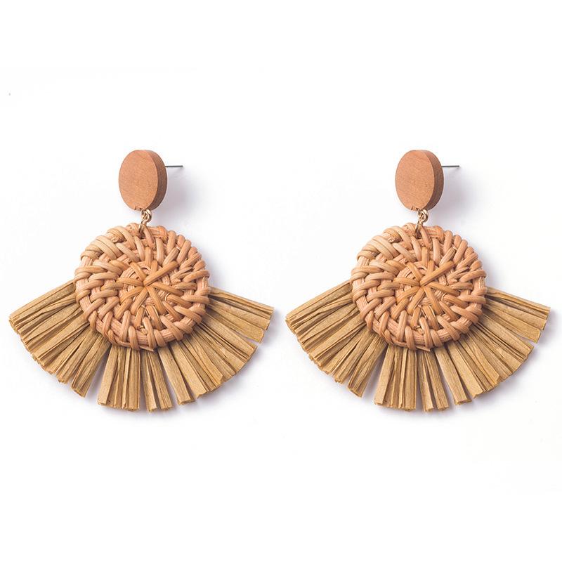 Hand-Woven Geometric Rattan Raffia Earrings, Retro Resort Fan Stud Earrings, Earrings For Women