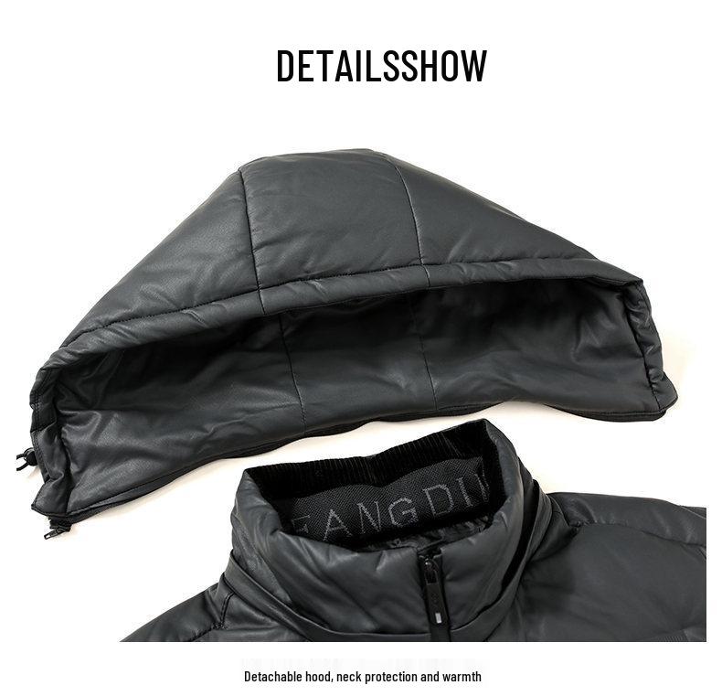 2025 Winter Men's Shiny Leather Hooded Down Jacket - Casual, Warm, Pure Color Outerwear