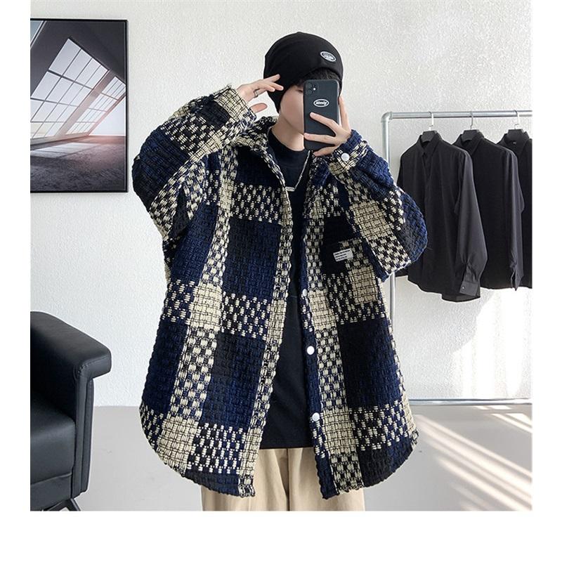 Men's Plaid Tweed Jacket Casual Button Down Shacket Coat Long Sleeve Loose Fit Streetwear Autumn Winter Fashion Outerwear