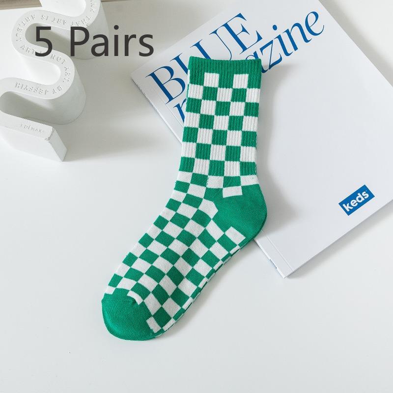 5 Pairs of Socks Cotton Spring and Summer Sports Mid-calf Checkerboard Basketball Socks Big C Green Blue Winter Tide Socks Men and Women