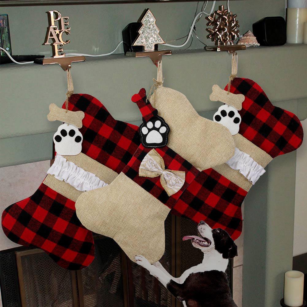 Handmade Dog Paw Plaid Christmas Stocking Gift Bags